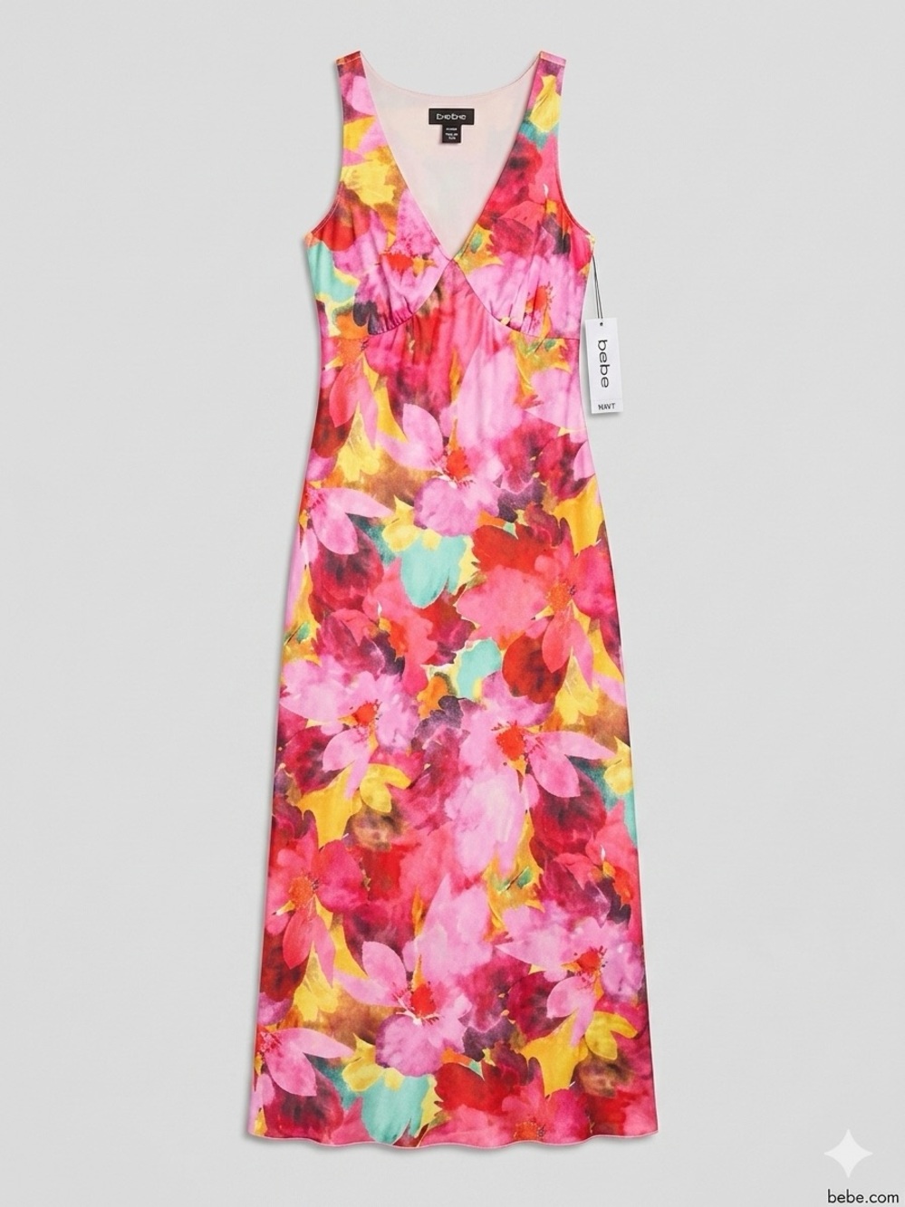 NWT bebe Pink Floral V-Neck Maxi Dress with Multicolor Print